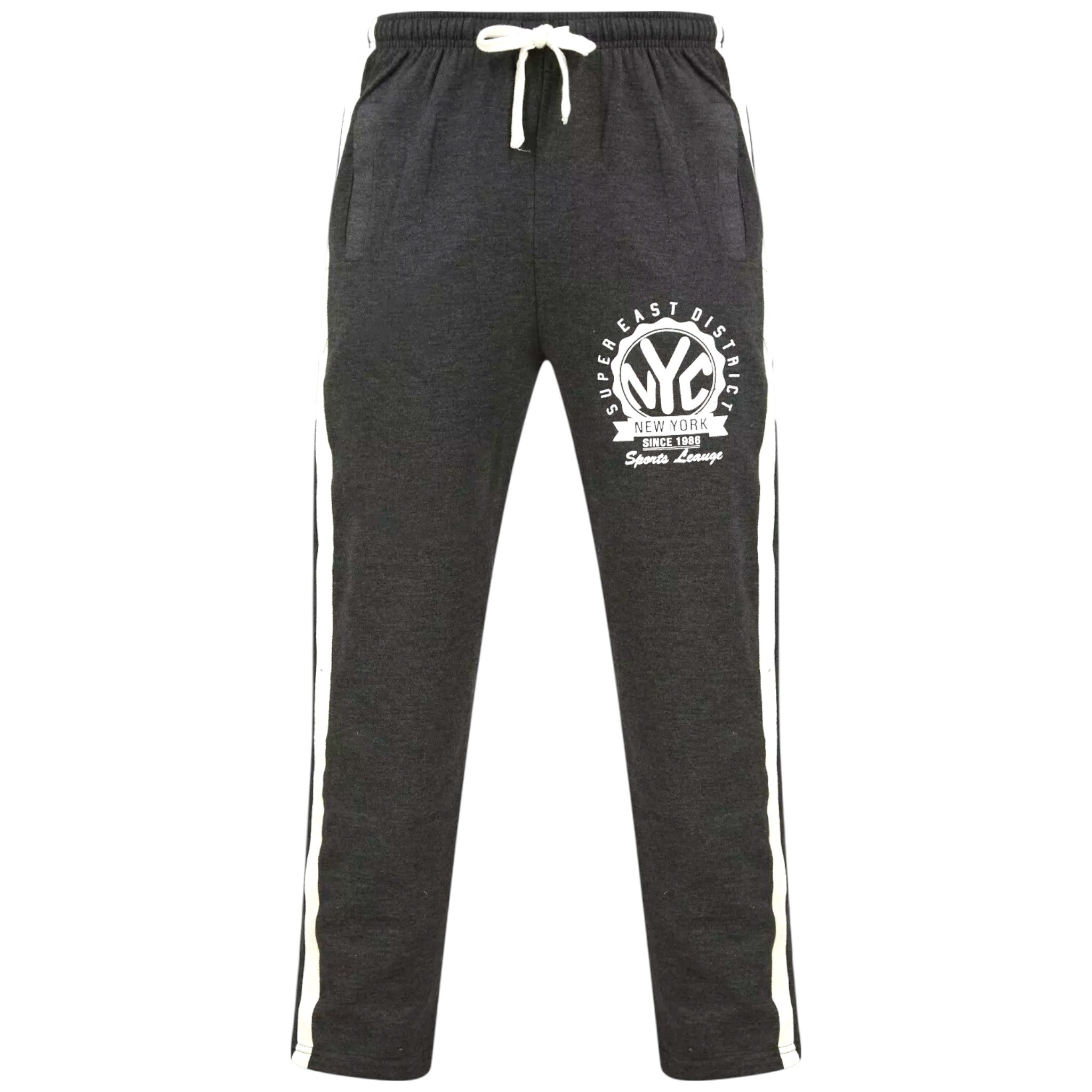 Men's charcoal joggers with NYC logo, Super East District print, elasticated waist with white drawstring, side stripe detail, casual loungewear trousers